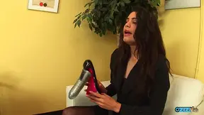 Lustful brunette enjoys sucking his hard cock in his office