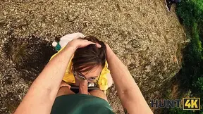 Horny European girl propositions a strange guy in the forest.