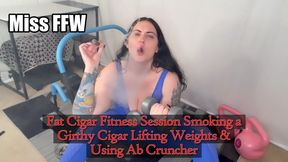 Fat Cigar Fitness Session Smoking a Girthy Cigar Lifting Weights Using Ab Cruncher