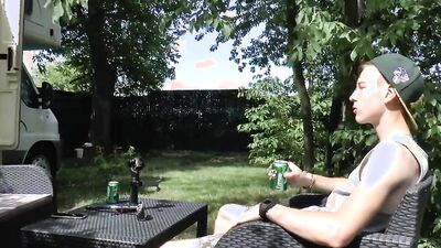Cute twink films himself in nature before having his dick toyed with