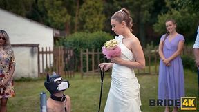 Perverted hot bride gets fucked by a masked sex slave on a leash during a wedding ceremony