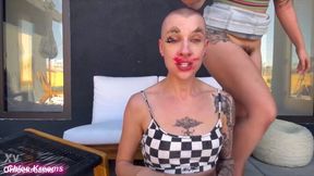 Submissive girl double-dommed and soaked in squirt