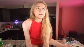 Blonde Trans Beauty Strokes Cock on Kitchen Counter