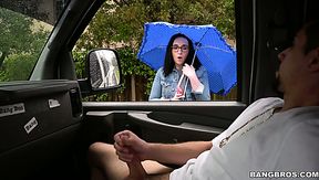 Sweet and nerdy brunette girl in the bang bus eats big dick and rides it