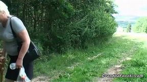 Mature blonde granny loves to give head and take a big fat pee