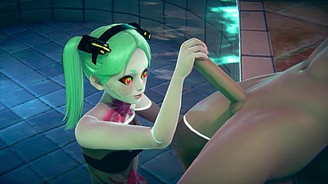 Rebecca gives a handjob in the pool - Cyberpunk Edgerunners Hentai Parody