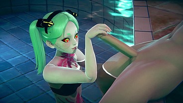 Rebecca gives a handjob in the pool - Cyberpunk Edgerunners Hentai Parody