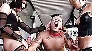 Submissive guy fucked by 3 tranny dommes