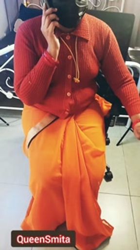 Low Hip Orange Saree Navel Aunty