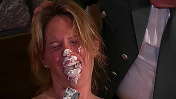 The submissive waitress Sibylle is smeared with cream to be decorated like a living dessert (complete scene)