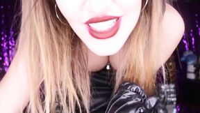 Mistress in leather and fishnet stockings has dirty words for you