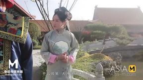An Asian brunette Cixi is sucking a big loaded dick down on the knees