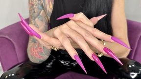 Purple color Long nails, sharp stilettos, palms, long fingers and hands worship, black PVC on me