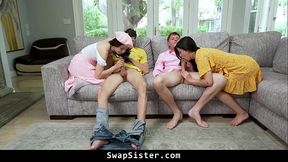 Teen girlfriends bet boyfriends they can't last a month without sex - lose in a group family swap