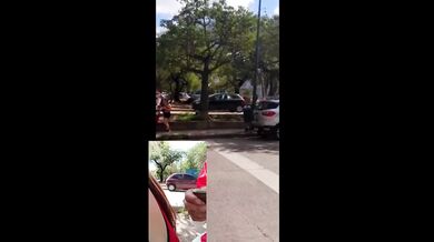Blonde Santa gets his Christmas gift from a real couple in the street
