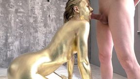 pretty woman makes herself a golden body art, then gently fucks and sucks a dick, filled the whole body art with sperm