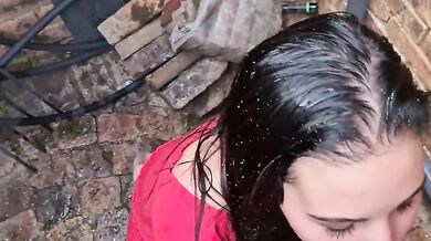 Teen sucking cock and drinking piss in alley