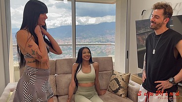 Yenifer Chacon and a delicious Venezuelan brunette girl with big tits having hardcore sex with their coach on a balcony