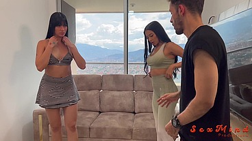 Yenifer Chacon and a delicious Venezuelan brunette girl with big tits having hardcore sex with their coach on a balcony