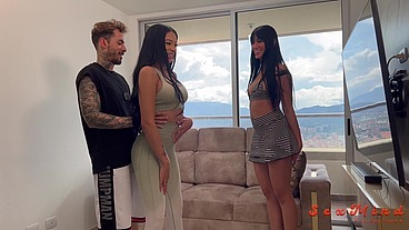 Yenifer Chacon and a delicious Venezuelan brunette girl with big tits having hardcore sex with their coach on a balcony