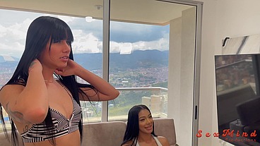 Yenifer Chacon and a delicious Venezuelan brunette girl with big tits having hardcore sex with their coach on a balcony