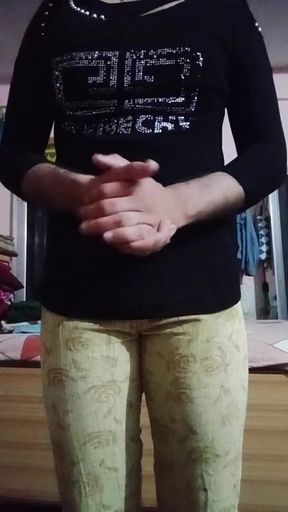 Indian Gay Crossdresser Gaurisissy Pressing and Playing with Her Big Boobs in Jeans T Shirt