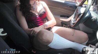 Goth girl caught masturbating in car then deep throat a stranger’s cock