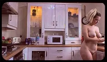 Blonde Babe Brews Coffee Naked in Kitchen, Showcasing Big Natural Tits and Stunning Ass
