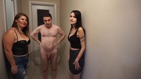 Two Hot Babes Dominate Naked Guy Kneeling in Submission