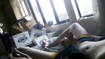 Two frat boys stroke each other's big cocks