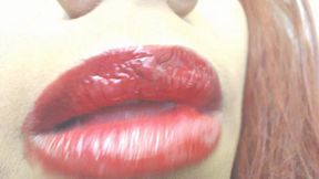 Licking Red Lipstick and Pouting