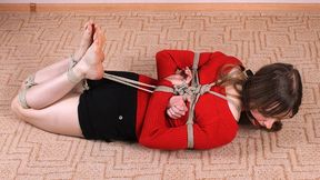 Ballgagged barefoot Agnes in red sweater and black shorts, hogtied with hemp rope, struggles on the floor (HD MOV)