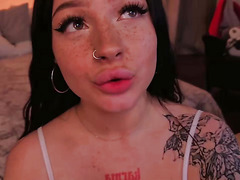 Gorgeous Tattooed Brunette with Piercings Gives Passionate Blowjob and Teases