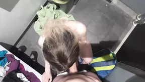 Dirty French nymphos getting wild in hotel changing room gangbang.