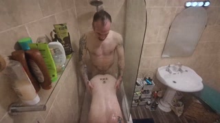 Good hard fuck, doggy style in the shower.