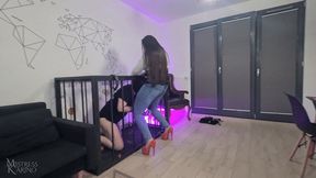 Double domme deep throat and pegging for the slave in a cage