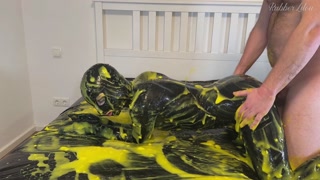 Latex fuck in slime/gunge trailer