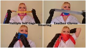Victoria C Multiple Self Gag Wearing a Silk Head Scarf and Leather Gloves....