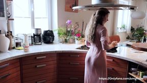 Naked Cleaning. Sexy Brunette in a Sheer Dress With No Underwear Cleans the Kitchen. Amy Haze