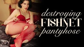 Destroying Red Fishnet Pantyhose