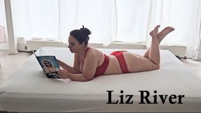 Liz River laying around in Berlin, Germany: Barefoot in Red Lingerie, Meaty Soles, Size 6 Feet, Pointed Toes, Swinging Legs, Hair Up