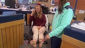 Shy Blonde Gets Her Gorgeous Feet Tickled At Work By Her Female Colleague