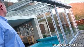 ”Horny grandpa has his big heavy shaft sucked by two hot babes”