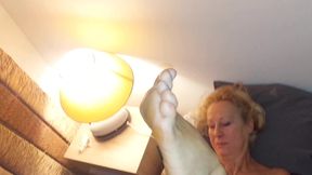 Amateur Blonde Wife Enjoys Foot Fetish and Pussy Creampie