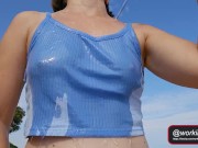 Braless Watering and Playing with Perky Tits on Public Beach