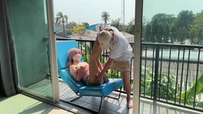 Vacationing agent gets first BBC through a gloryhole while applying sunscreen