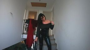smoking leather dance. ripped jumpsuit pussy tease, toilet pee and dirty masturbation
