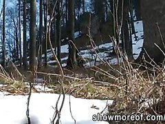 Peeping tom catches a horny guy fucking her gorgeous gf in the woods