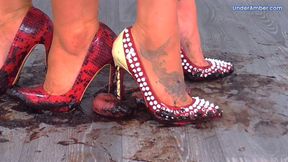 204 Feet Cam - Trampling Your Face, Cock & Balls Under Our Muddy Red Stilettos - Trample Trampling CBT Ballbusting Shoe Foot Worship Gagging Crush