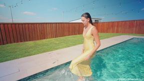 Jenny Goes for a Swim in a Yellow Satin Dress